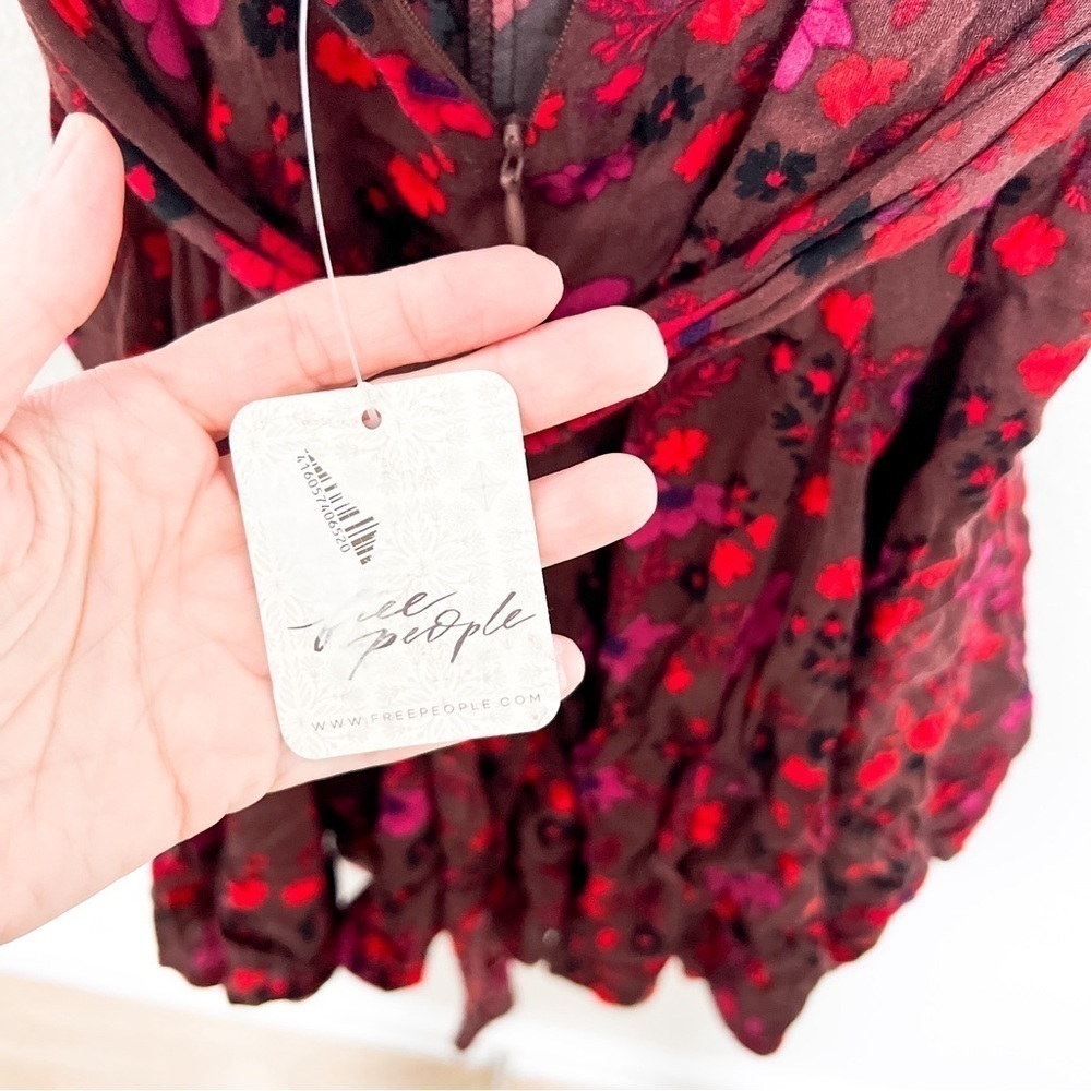 Free People NWT Floral Wrap Dress Mini Dress Red Purple Size XS Ruffled Hem - Picture 9 of 9
